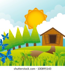 summer landscape with barn and butterflies. vector illustration