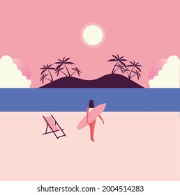 Summer landscape. Beach with brunette girl in swimsuit and surfing.
