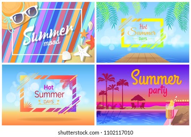 Summer landscape or beach composition posters. Pool near cocktail with palms, sunset and blanket on sand, holiday accessories vector illustrations.