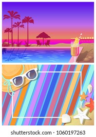 Summer landscape and beach coposition. Pool and cocktail with palms behind at sunset and blanket on sand with summer accessories vector illustrations.