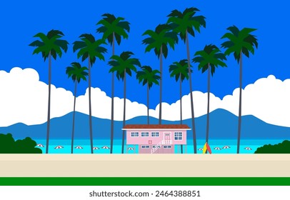 summer landscape with beach house palms umbrellas sand ocean tropical resort vacation vector illustration