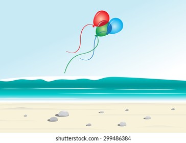 Summer landscape, beach, sea and color balloons