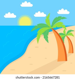 Summer landscape. Beach, sun, sea with palm trees. Vector illustration.