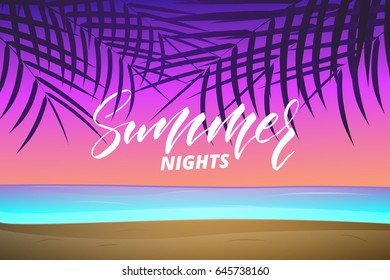 Summer landscape beach view. Tropical island with palms, ocean and beach. Summer illustration with hand lettering