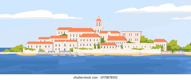 Summer landscape of beautiful coastal town with castle. Panoramic view of European city at sea coast. Seaside townscape with landmark. Colored flat vector illustration of empty touristic location svg