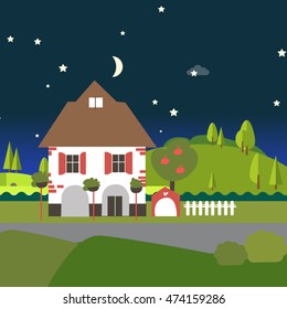 summer landscape. Beautiful house, beautiful views. Flat style, vector illustration.