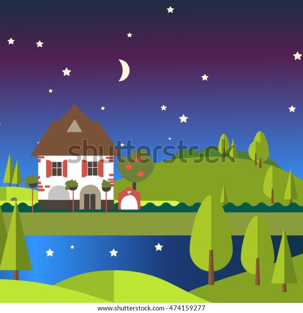 summer landscape. Beautiful house,\
beautiful views. Flat style, vector\
illustration.