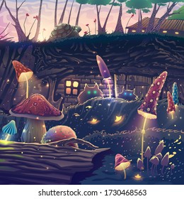 Summer Landscape With Beautiful Magic Forest, Mushrooms, Cats, Turtle, Fantasy Trees, Wild Animals, Flowers, Beautiful Nature With Sunset Light, Wonderful Vector Illustration.