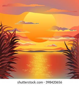 Summer landscape, beautiful marine sunset. Flat design vector illustration.