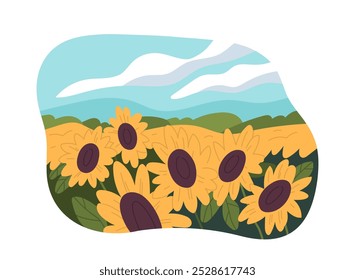 Summer Landscape. Beautiful rural panorama with field of blooming sunflowers. Countryside or village scenery. Nature and Environment. Flat vector illustration isolated on white background