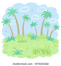 Summer landscape with big palms, bushes, grass and clouds. In cartoon style. Isolated on white background. Vector flat illustration.