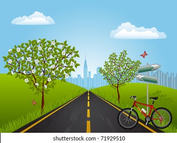 Summer landscape with a bike. Vector illustration.