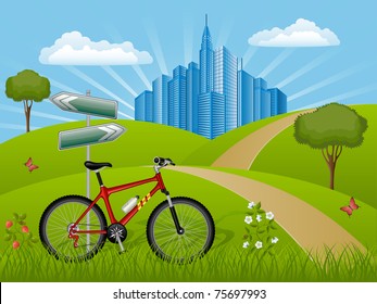 Summer landscape with a bike. Vector illustration.