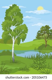 Summer landscape with birch and coniferous trees, river, sun and blue sky. Vector