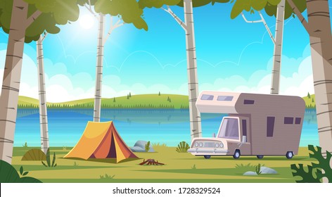 Summer landscape with birch trees and blue lake view and camping . Summer camp on lake shore.