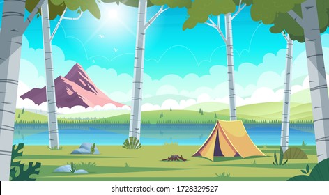 Summer landscape with birch trees and blue mountain lake view and camping . Summer camp on lake shore.