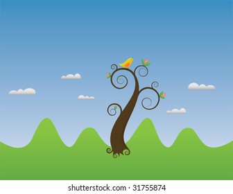 summer landscape with a bird on a tree