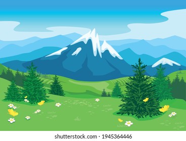 Summer landscape with a blooming meadow, hills, trees, flowers and yellow butterflies against the background of a mountain with snow-capped peaks. Travel and outdoor recreation. Nature vector illustra