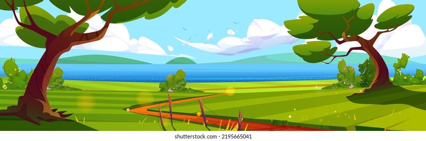 Summer landscape with blue lake and green field vector illustration. Cartoon trees on river bank, footpath leading to water, birds flying high in sunny sky and hills on horizon. Beautiful nature