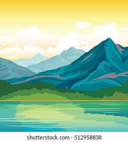 Summer landscape - blue mountains with forest and calm river on a sunset cloudy sky background. Nature vector illustration. 