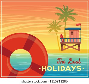 Summer landscape with blue sea, lifeguard station, palm tree and sunset sky. Vector nature illustration. Holiday card. svg