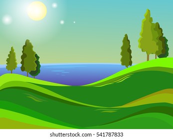 Summer landscape. Blue sky. Bright sun. Green field. Hot day. Trees stand on a hill. Bright background. Cartoon