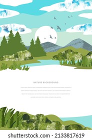 Paisaje de verano con cielo azul, montañas, río y bosque de coníferas. Plantilla vectorial de dibujo manual de naturaleza con lugar para texto. Collage con textura acuarela. Tamaño A4