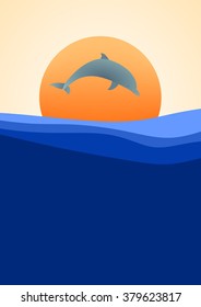 Summer landscape with blue surface of the sea with the waves with orange setting sun and dolphins leaping above sea level with an orange sky