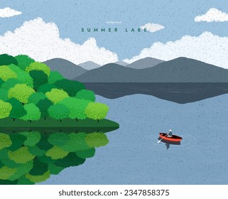 Summer landscape. Boat on calm river water. Mountains range. Lake scenic view. River silhouette template. Spring season banner background. Simple graphic. Trendy flat design. Vector illustration.