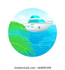 Summer landscape, a boat on the sea and palm branches in a circle