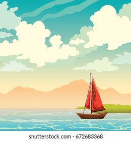 Summer landscape - boat with red sail, calm blue sea, green grass, mountains and cloudy sky. Vector nature illustration.