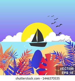 Summer landscape. Bright background. Modern stylish design. Palm trees. Sea. vacation. For printing on cards.