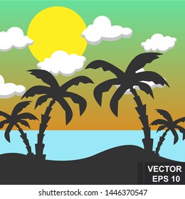 Summer landscape. Bright background. Modern stylish design. Palm trees. Sea. vacation. For printing on cards.