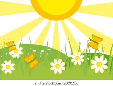 Summer landscape with butterflies. Vector illustration.