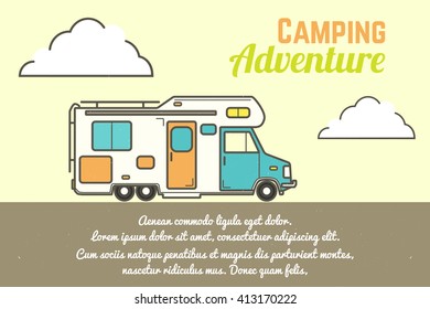 Summer landscape. Camper on the road. Traveling poster template. Vector illustration.