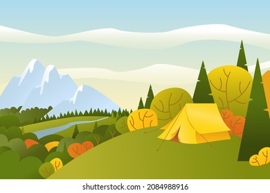 Summer landscape with camping in the mountains. Vector illustration with tent, forest, river in flat style. Perfect for flyer, poster or promotion design.