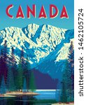 Summer landscape in canadian natural рark with forest, lake and mountains in the background. Handmade drawing vector illustration. All objects are grouped and divided into layers. Flat Design.