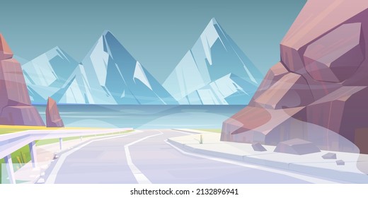 Summer landscape with car road, lake and mountains in fog. Vector cartoon illustration of foggy weather on sea or river shore with white rocks, grass and asphalt highway with sign and fencing