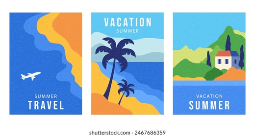 Summer landscape card or poster, set with sunny beach view, sand, sea shore with blue wave and mountains, houses. Travel concept, holidays, vacation vector illustrations