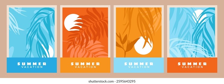 Summer landscape cards with palm leaves and sun set. Creative concept bright cards. Modern art minimalist style design templates for celebration, ads, branding, banner, cover, label, poster, sales