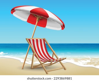 Summer landscape. Chaise lounge and beach umbrella in red and white stripes on the shore, at the edge of the surf. Highly realistic illustration.