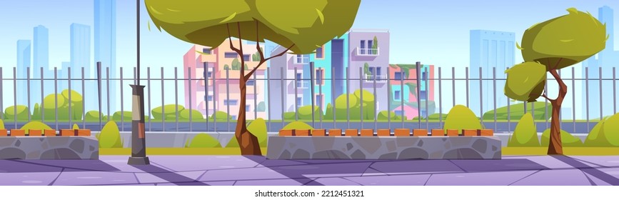 Summer landscape of city park with benches, green grass, trees, street lights and eco houses behind metal fence. Public garden and buildings with green plants on balconies, vector cartoon illustration