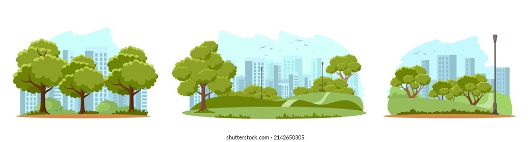 Summer landscape with city park or garden set vector illustration. Cartoon nature scenery with green trees and shrub, birds in blue sky, walkway and lawn, modern houses on horizon isolated on white