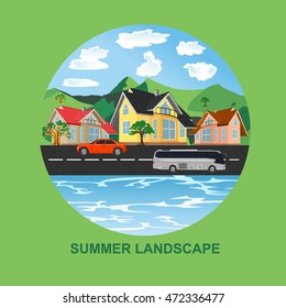 summer landscape, city, vector illustration