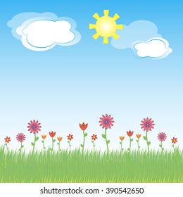 summer landscape with clouds and flowers