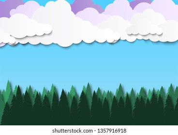 Summer landscape with clouds and forest. Blue sky over the forest. Place for text. Paper cut design. Vector illustration