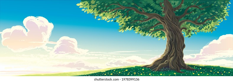 Summer landscape with cloudy sky and old lone tree in the foreground.