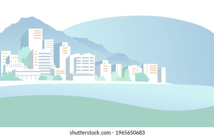 Summer landscape with a coastal town. Colored vector illustration.