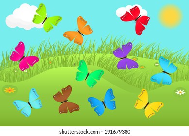 Summer landscape with colorful butterflies