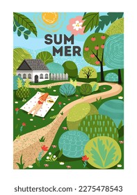 Summer landscape concept. Woman in swimsuit lies on white blanket and sunbathes. Hot weather, garden and countryside. Village and rural panorama. Cartoon flat vector illustration